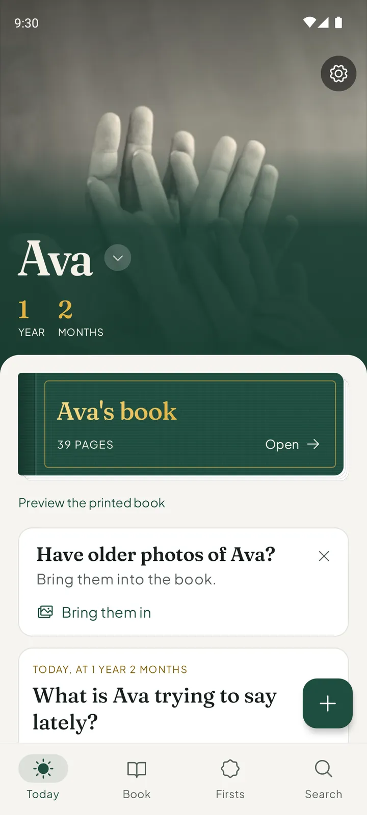 Everkeep's Today screen: Ava's cover with her age, 1 year 2 months, and Ava's book of 39 pages ready to open