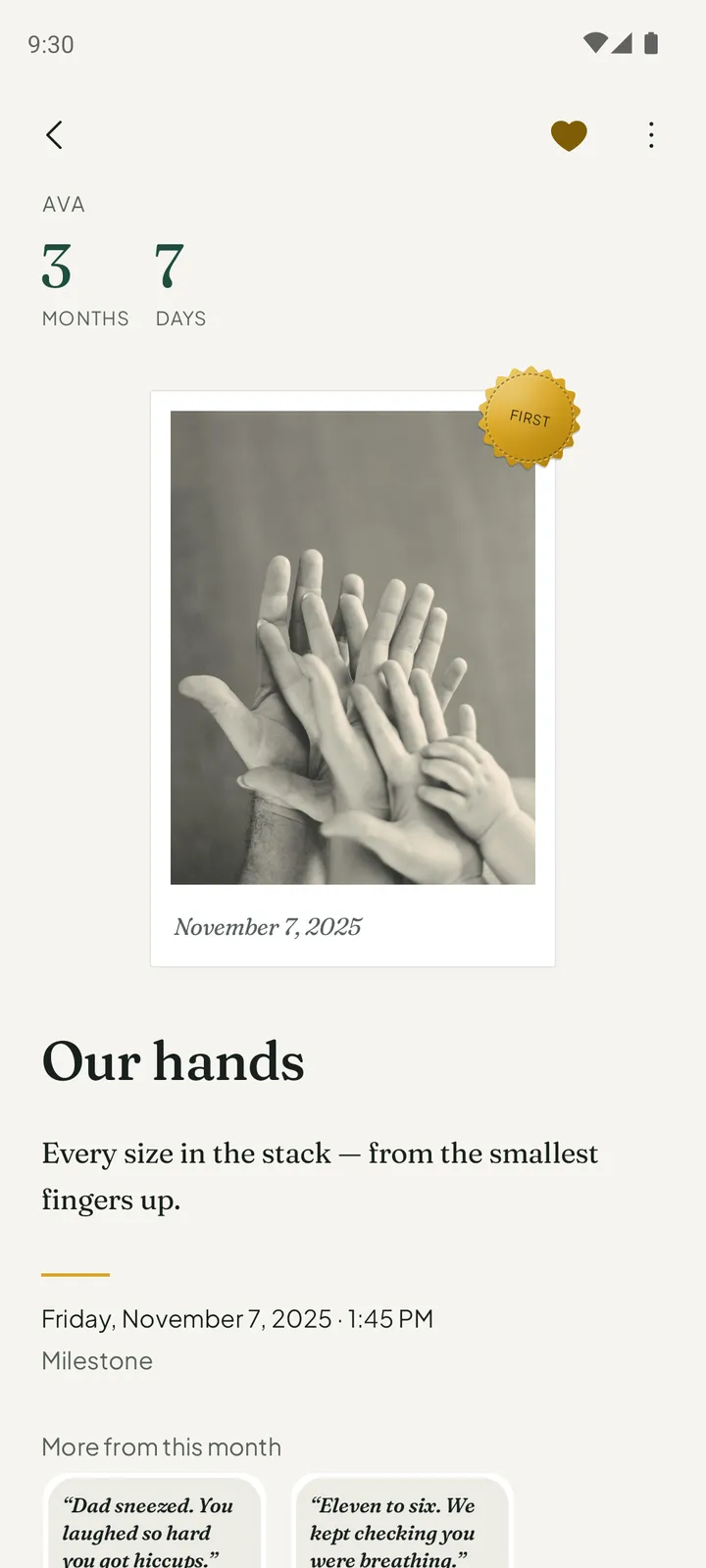 A page of the book: a photo print of a family's hands dated November 7, 2025, marked with a gold First seal, with Ava's age that day, 3 months 7 days, and the story Our hands