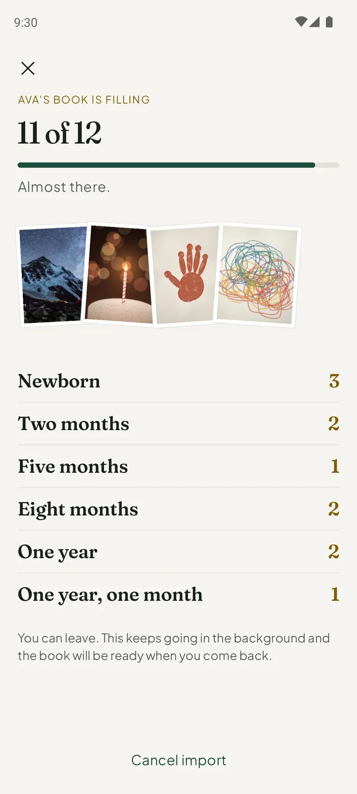 An import in progress: Ava's book is filling, 11 of 12, with photos sorted into Newborn, Two months, Five months, Eight months and One year