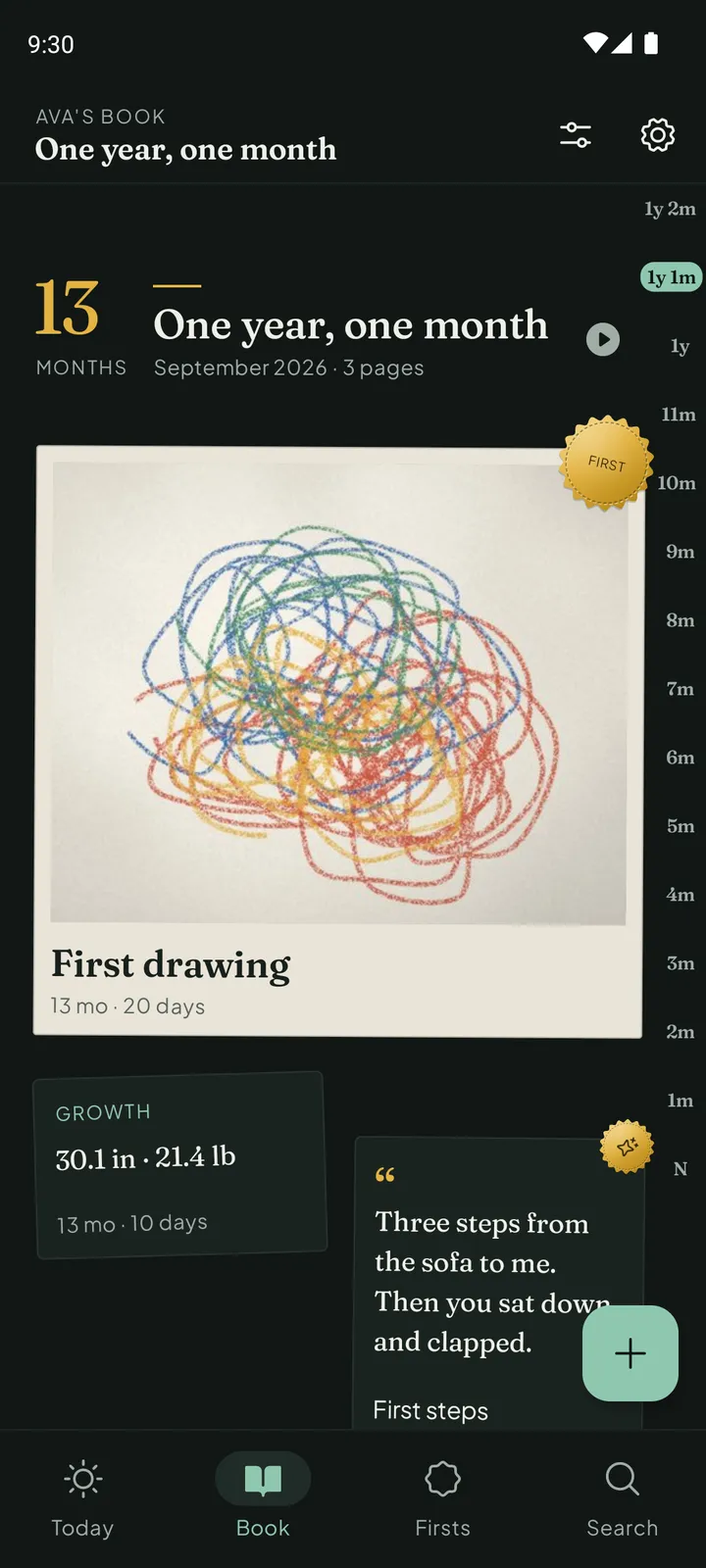The Book screen in night mode: the chapter One year, one month with a print titled First drawing