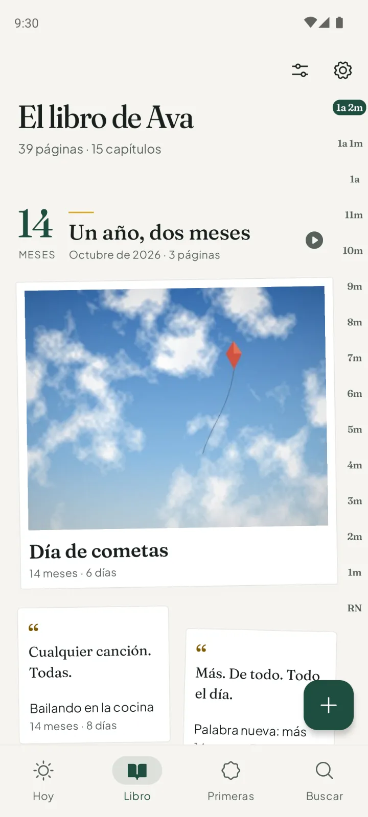 La pantalla Libro: el libro de Ava, 39 páginas en 15 capítulos, abierto en el capítulo Un año, dos meses con una foto impresa titulada Día de cometas