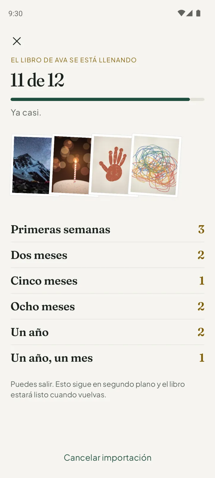 Una importación en curso: el libro de Ava se está llenando, 11 de 12, con fotos ordenadas en Primeras semanas, Dos meses, Cinco meses, Ocho meses y Un año