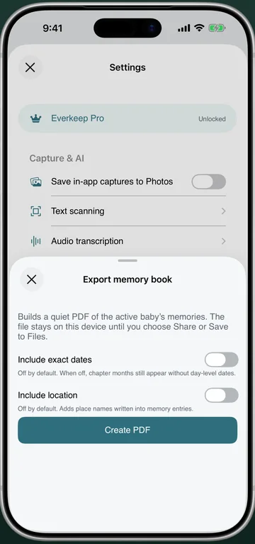 Everkeep Pro PDF baby memory book export screen