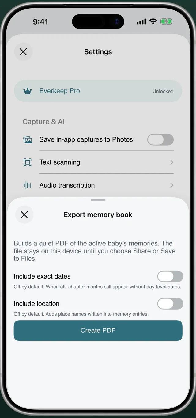 Everkeep Pro export memory book screen with Create PDF button and privacy toggles for dates and location