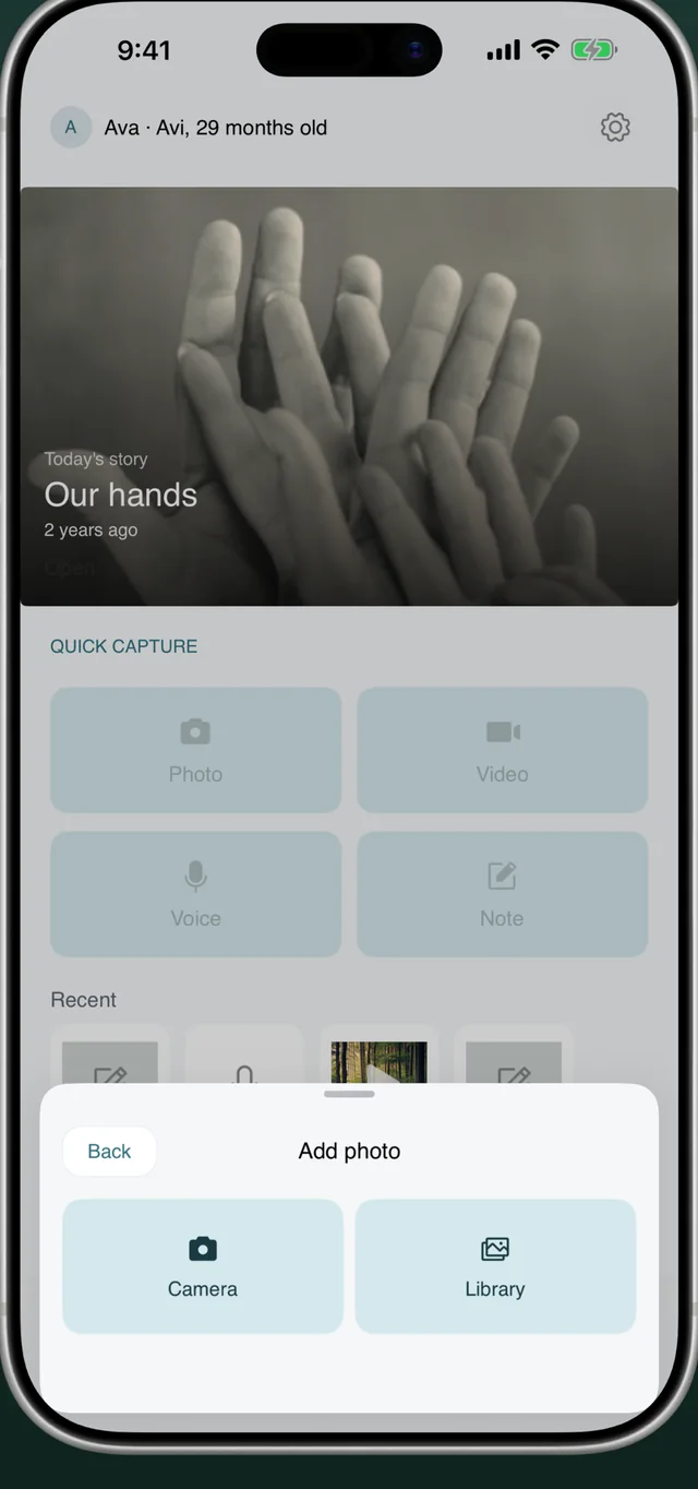 Everkeep add photo sheet offering camera or library when capturing a baby memory