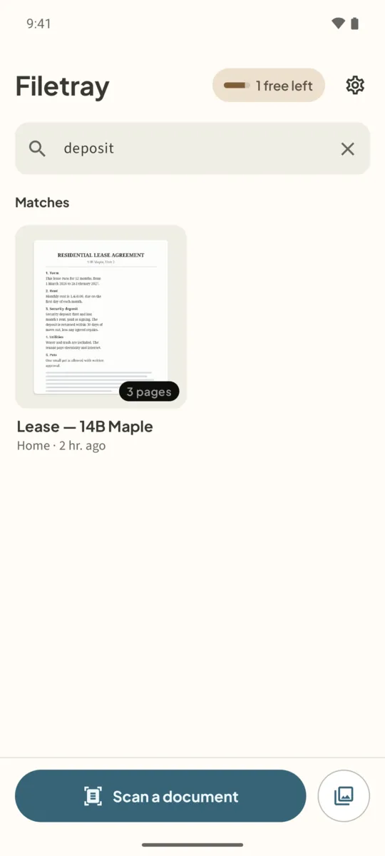 Filetray library search for deposit with the lease under Matches