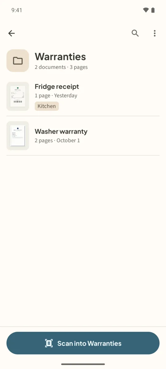 Warranties folder with two documents and the Scan into Warranties button