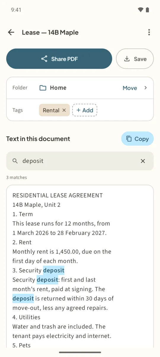 Document screen with Share PDF, Save, Folder and Tags rows, and Text in this document with Copy and Find