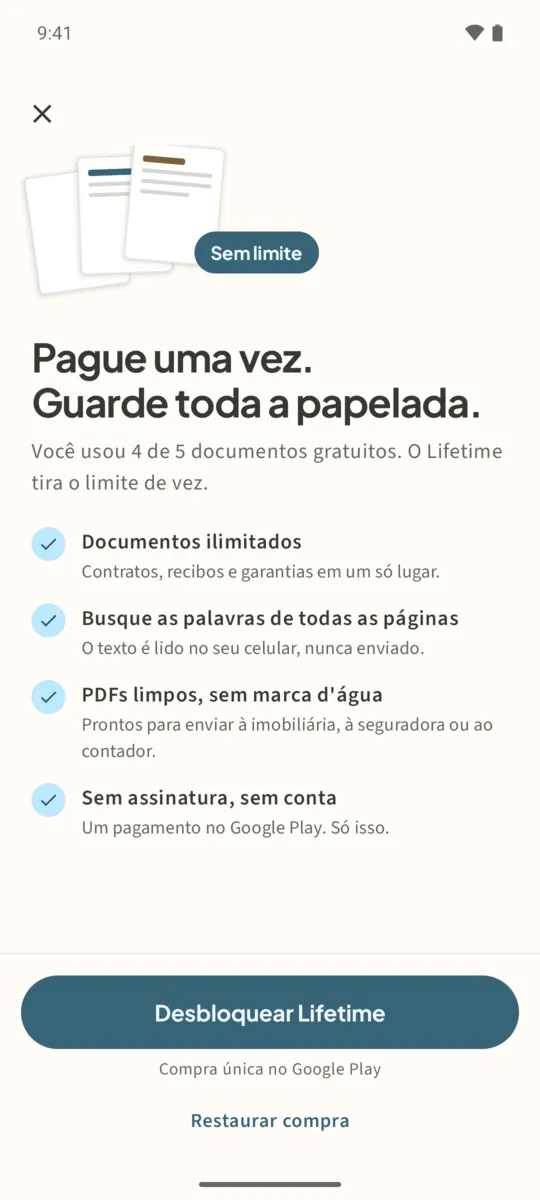 Tela do Filetray Lifetime com Desbloquear Lifetime e Restaurar compra
