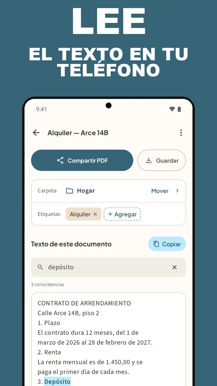 Documento en Filetray con Compartir PDF, Guardar, carpeta, etiquetas y el texto reconocido con depósito resaltado, bajo el texto Lee el texto en tu teléfono