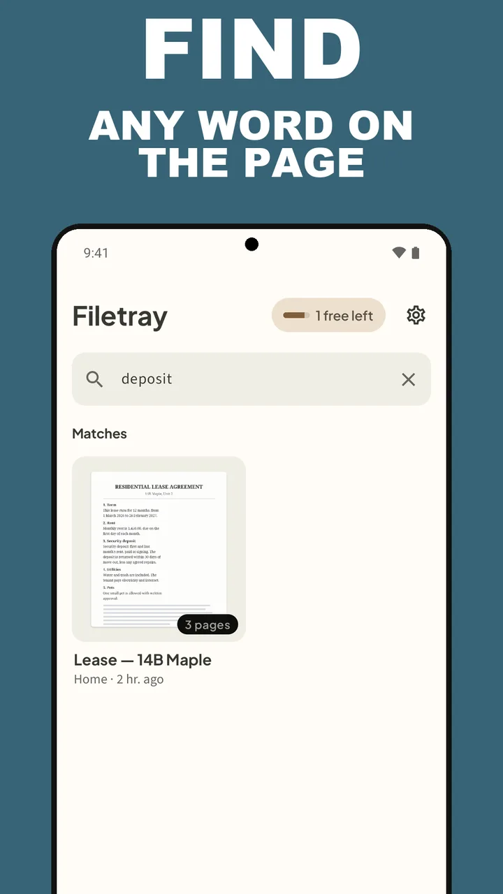 Filetray search for the word deposit showing the lease as a match, under the caption Find any word on the page