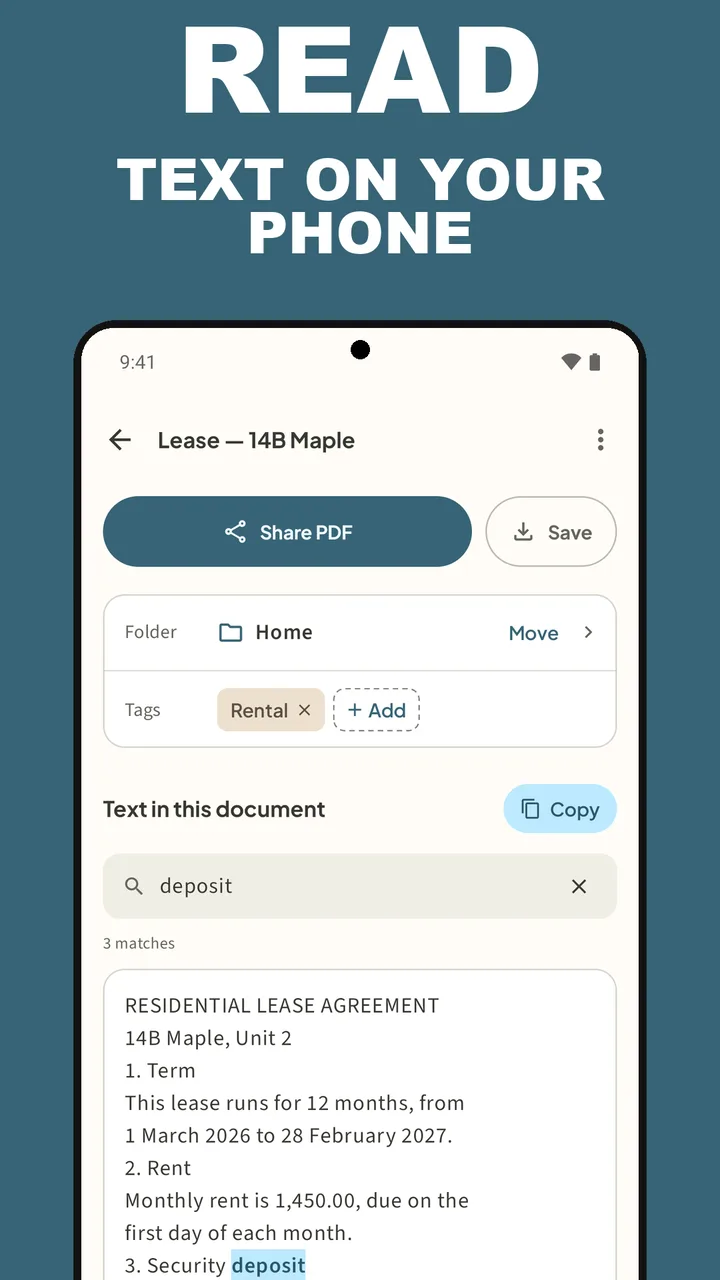 Filetray document screen with Share PDF, Save, folder, tags and the recognized text with deposit highlighted, under the caption Read text on your phone