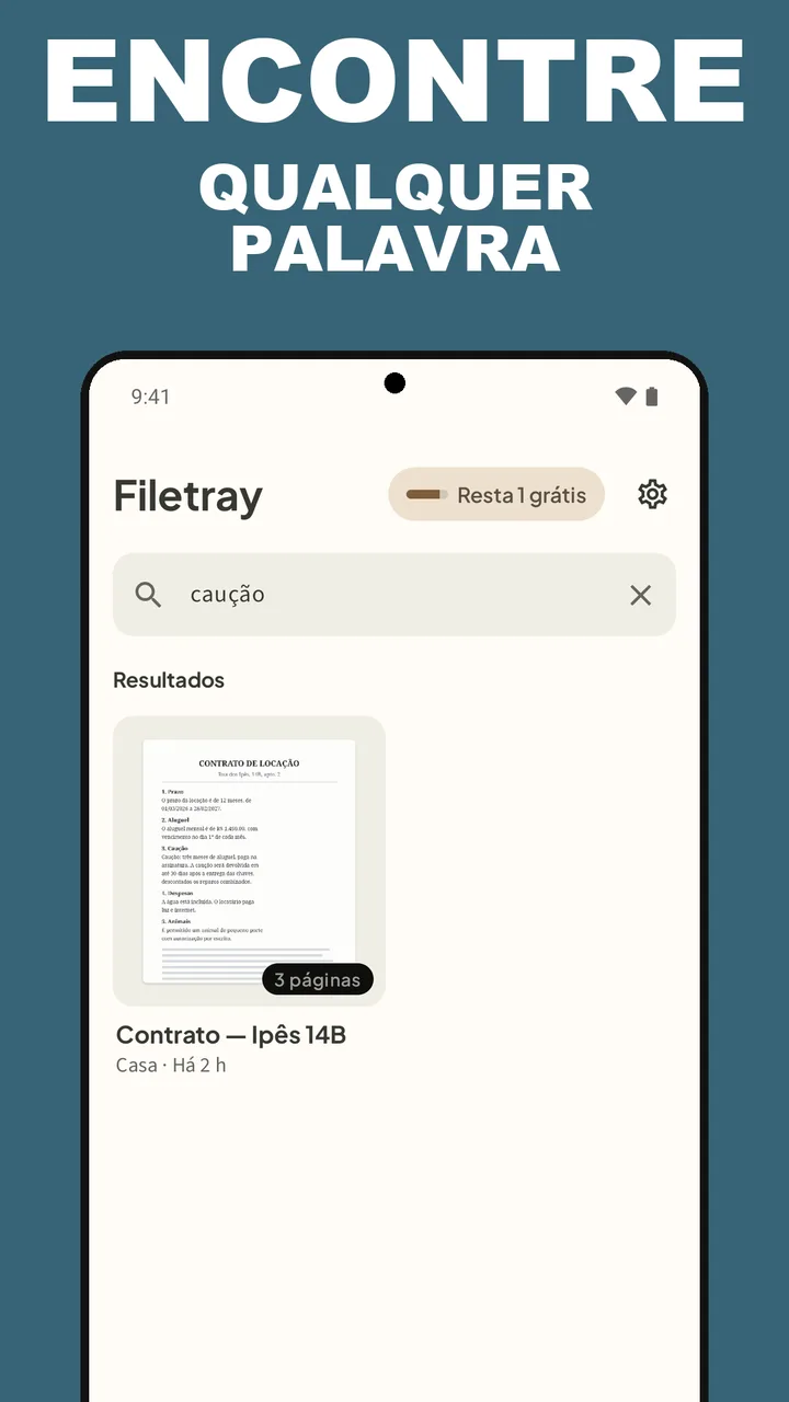 Busca do Filetray pela palavra caução mostrando o contrato como resultado, com a legenda Encontre qualquer palavra