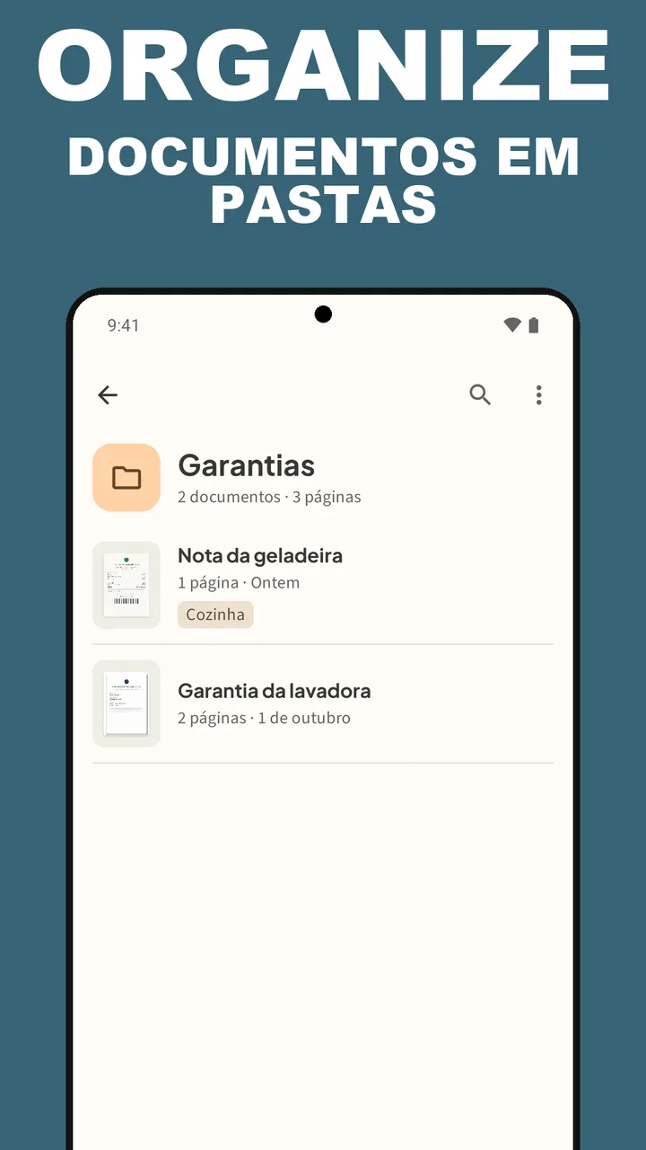 Pasta Garantias do Filetray com uma nota da geladeira com a etiqueta Cozinha e a garantia da lavadora, com a legenda Organize documentos em pastas