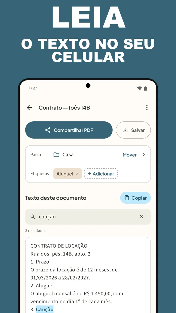 Tela de documento do Filetray com Compartilhar PDF, Salvar, pasta, etiquetas e o texto reconhecido com caução destacada, com a legenda Leia o texto no seu celular