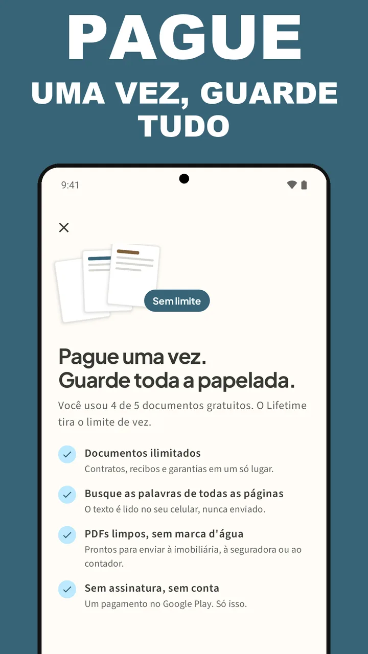 Tela do Filetray Lifetime: Pague uma vez. Guarde toda a papelada. Documentos ilimitados, busca nas palavras de todas as páginas, PDFs limpos, sem assinatura