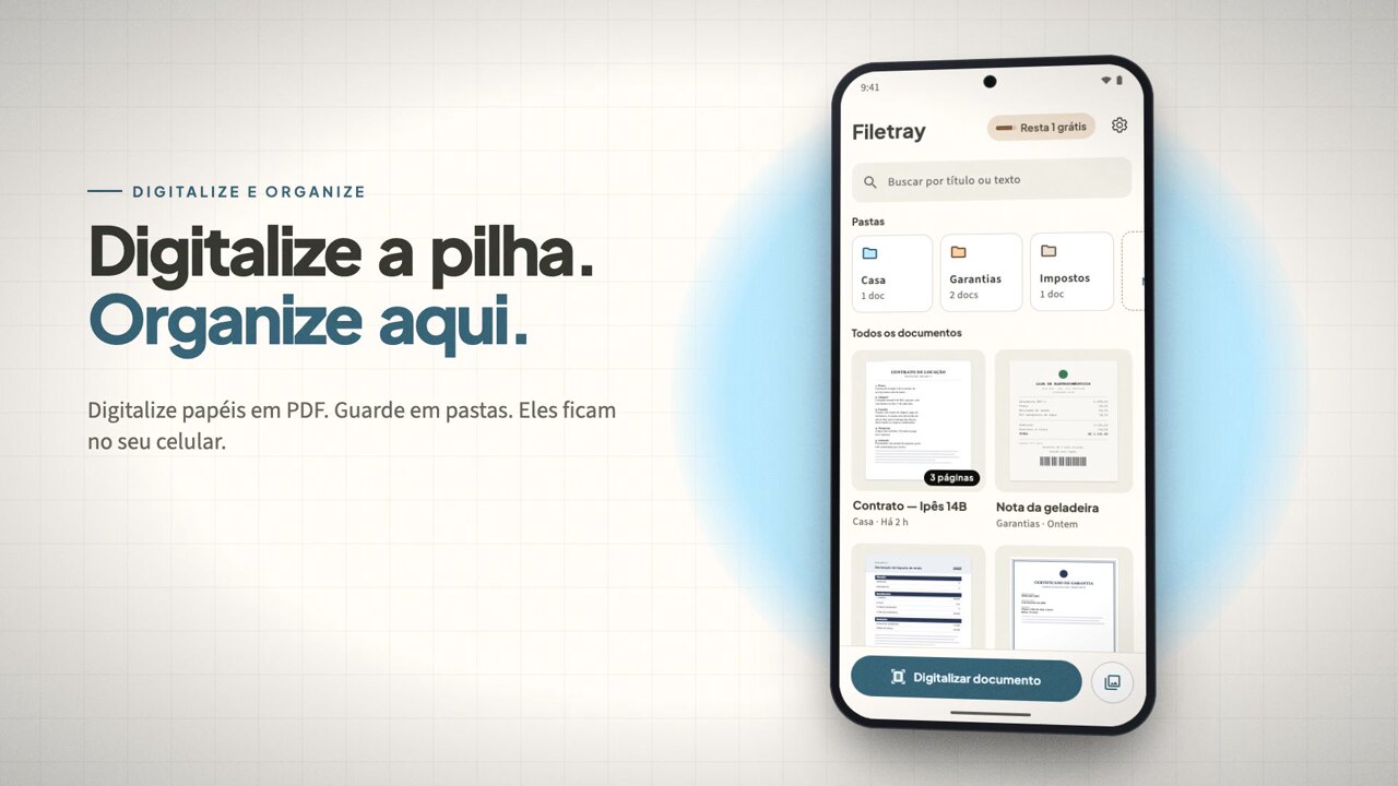 Quadro do vídeo do Filetray: Digitalize a pilha. Organize aqui.