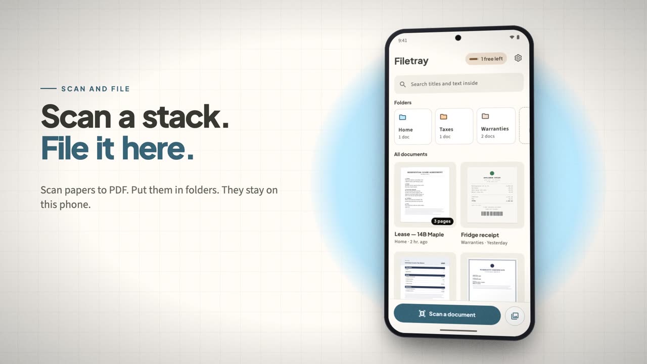 Frame from the Filetray video: Scan a stack. File it here.