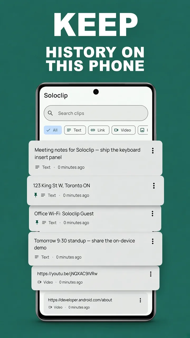 Soloclip history screen: searchable clipboard cards that stay on this phone