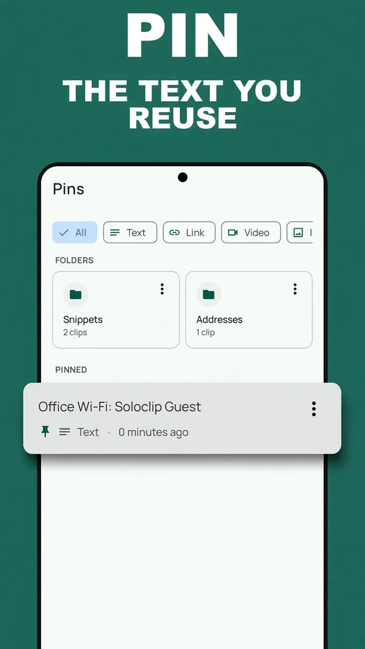 Soloclip Pins tab with snippet folders and a pinned Wi-Fi clip