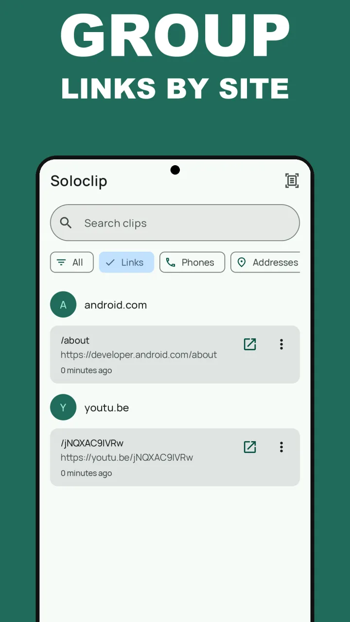 Filtro Links do Soloclip com os links copiados agrupados por site