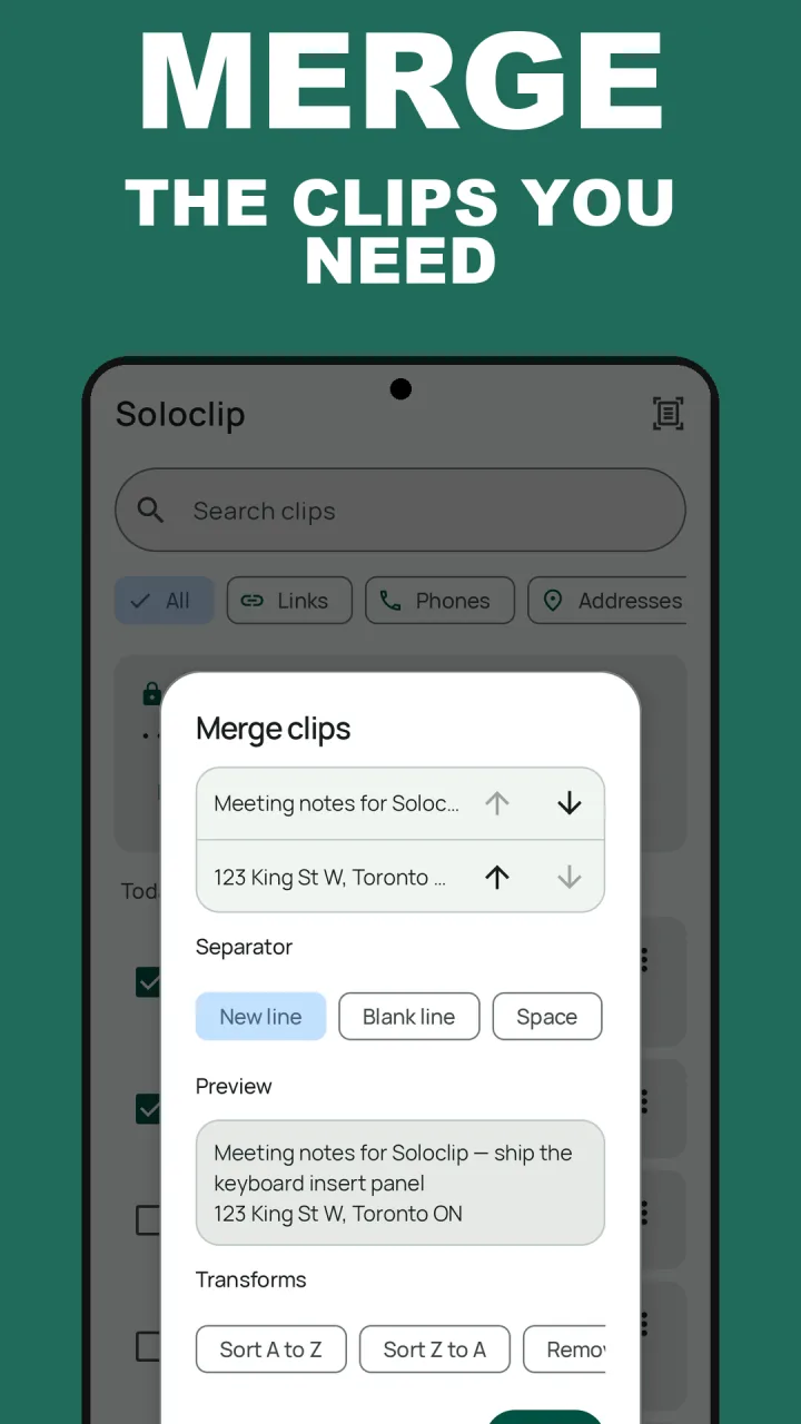 Painel Mesclar clips do Soloclip com opções de separador e uma prévia