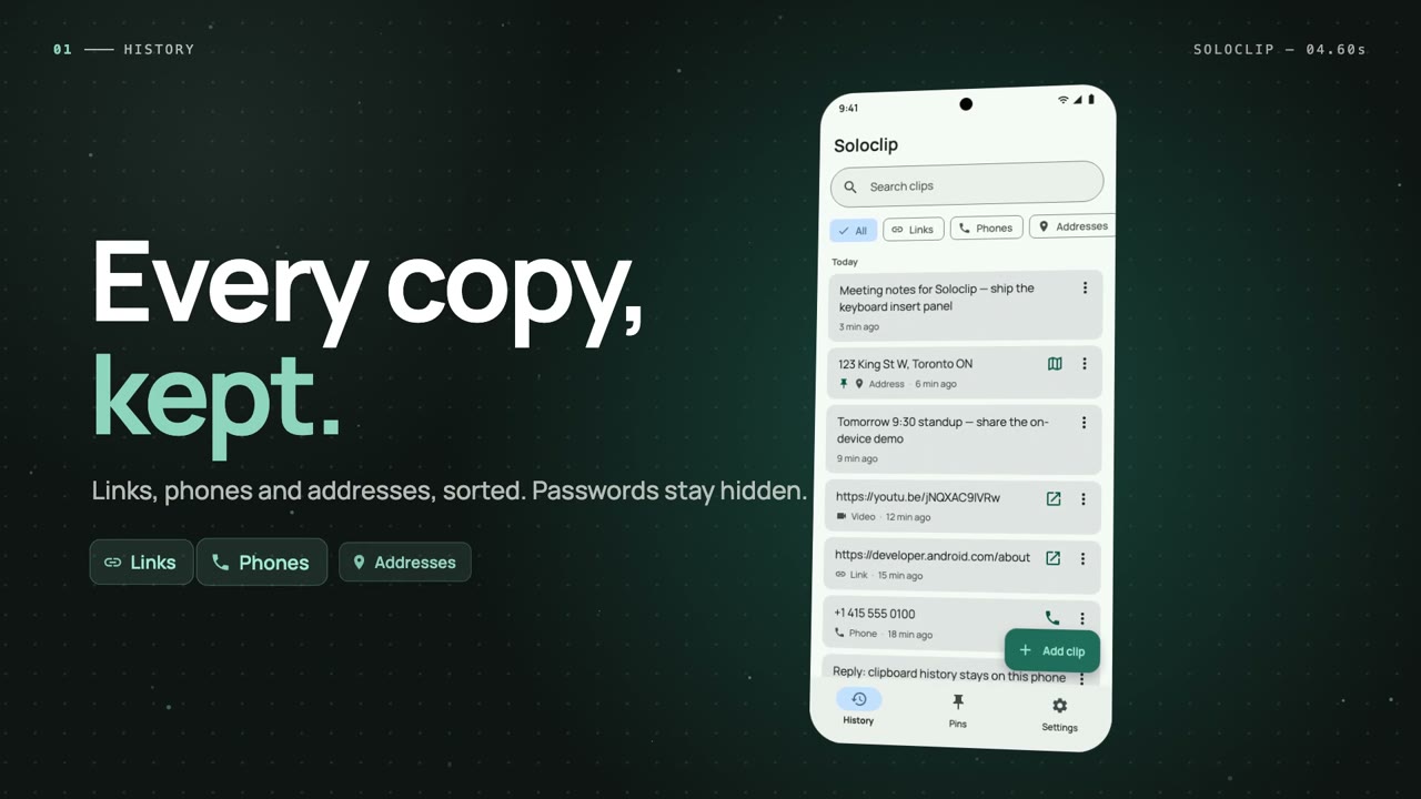 Imagem do vídeo do Soloclip: histórico da área de transferência organizado em links, telefones e endereços
