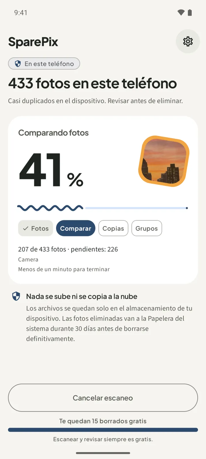 SparePix escaneando 433 fotos en este teléfono, con Comparando fotos al 41 % y el aviso Nada se sube ni se copia a la nube