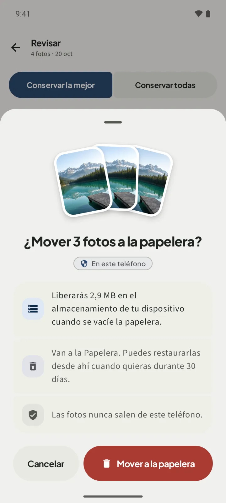 Confirmación de SparePix que dice ¿Mover 3 fotos a la papelera?, con Liberarás 2,9 MB y los botones Cancelar y Mover a la papelera