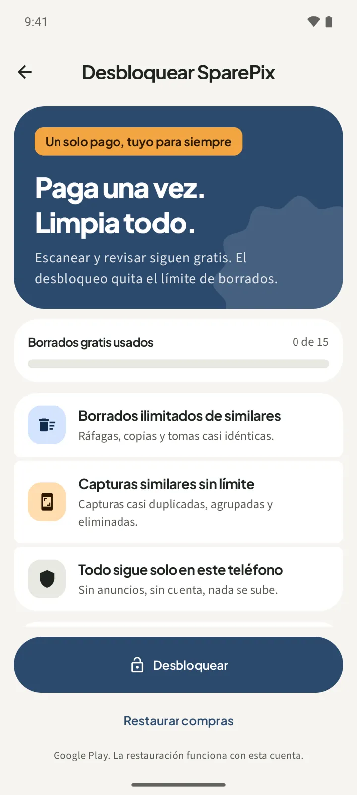 Pantalla Desbloquear SparePix que dice Paga una vez. Limpia todo., con Borrados gratis usados 0 de 15 y un botón Desbloquear