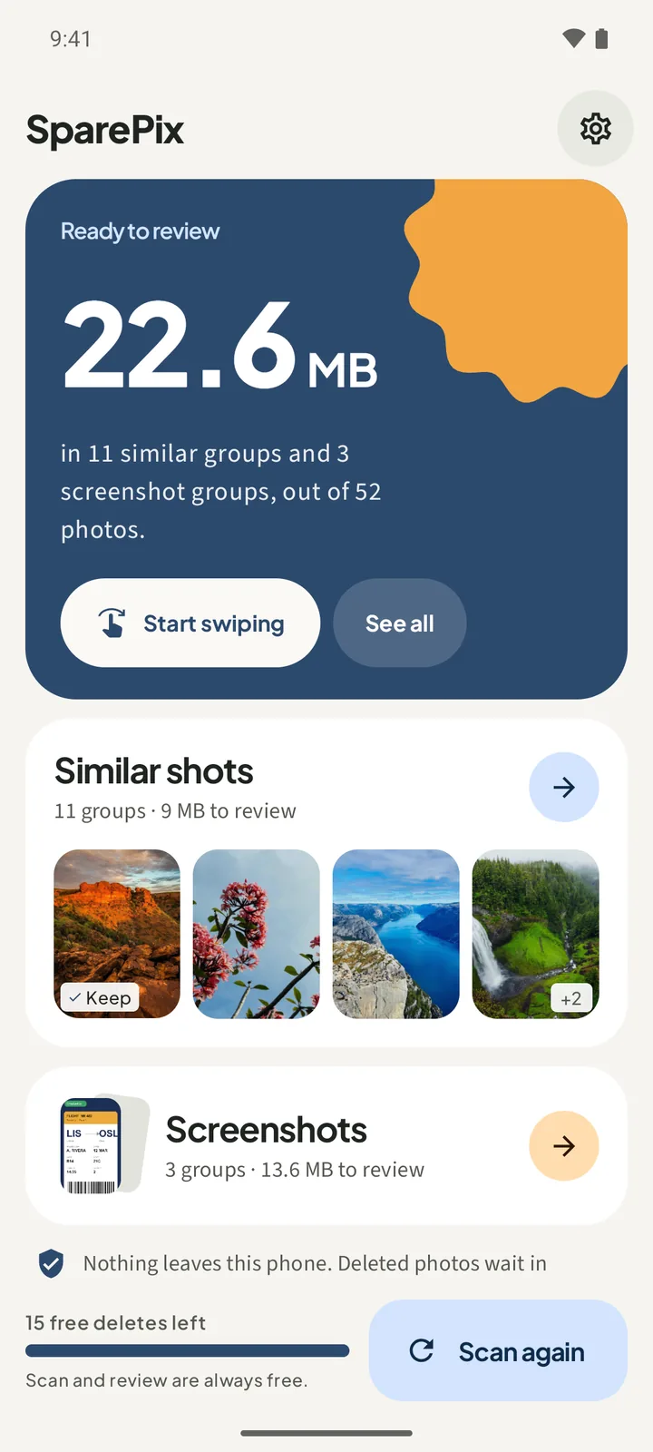 SparePix home screen with the Similar shots and Screenshots cards