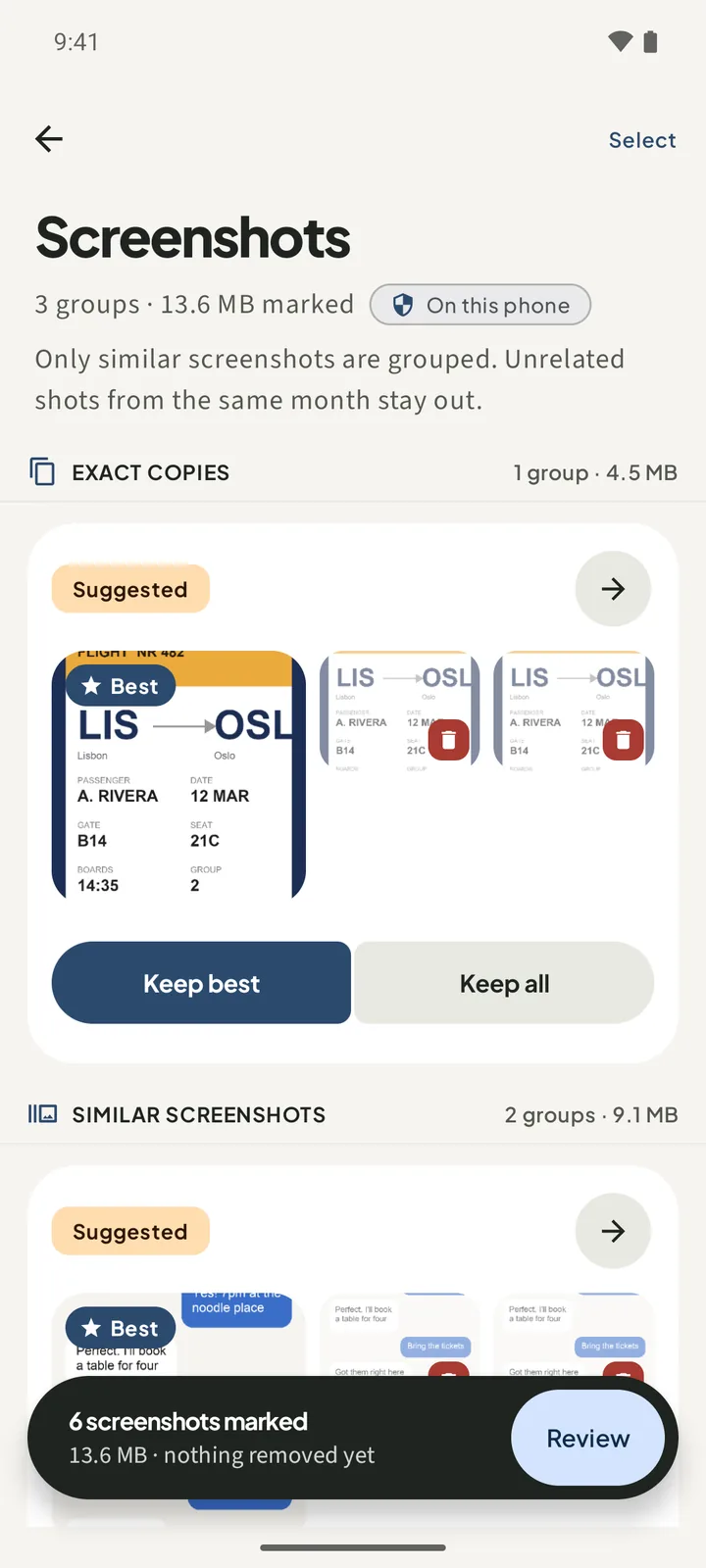 SparePix Screenshots page with a group of three copies of a boarding pass and a bar reading 6 screenshots marked