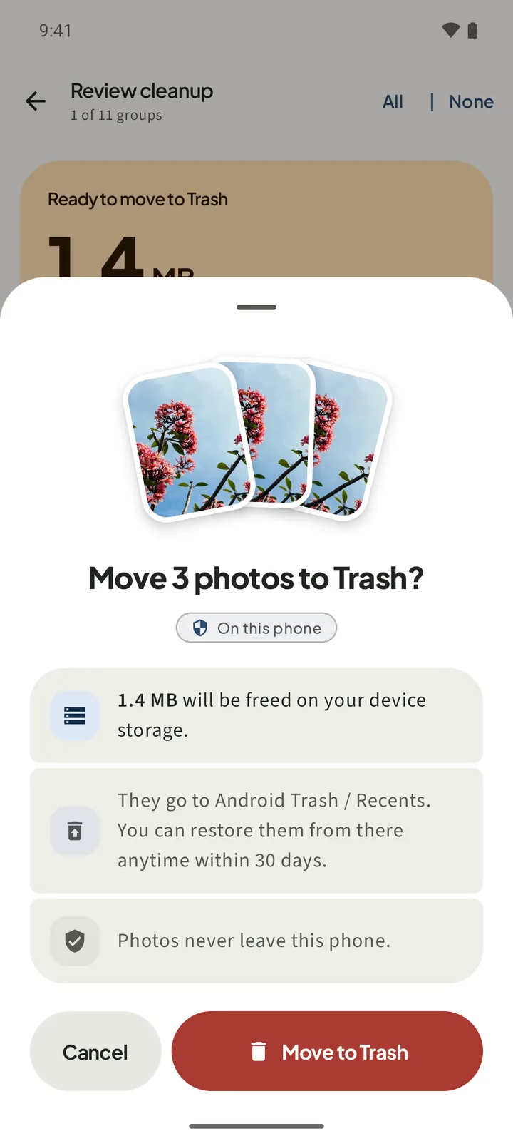 SparePix confirm sheet reading Move 3 photos to Trash, with 1.4 MB will be freed and Cancel and Move to Trash buttons