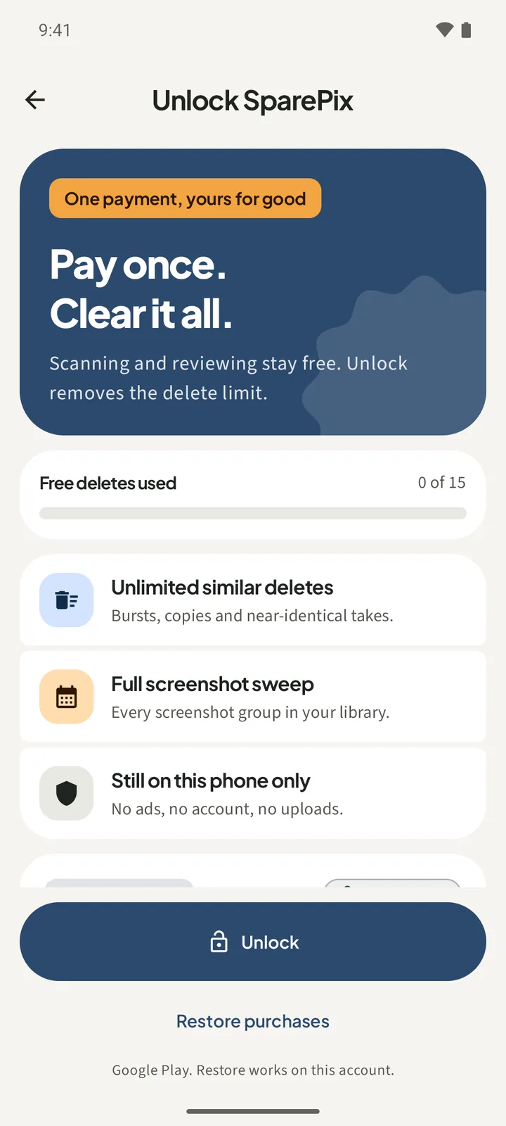 SparePix unlock screen reading Pay once. Clear it all., with 0 of 15 free deletes used and an Unlock button