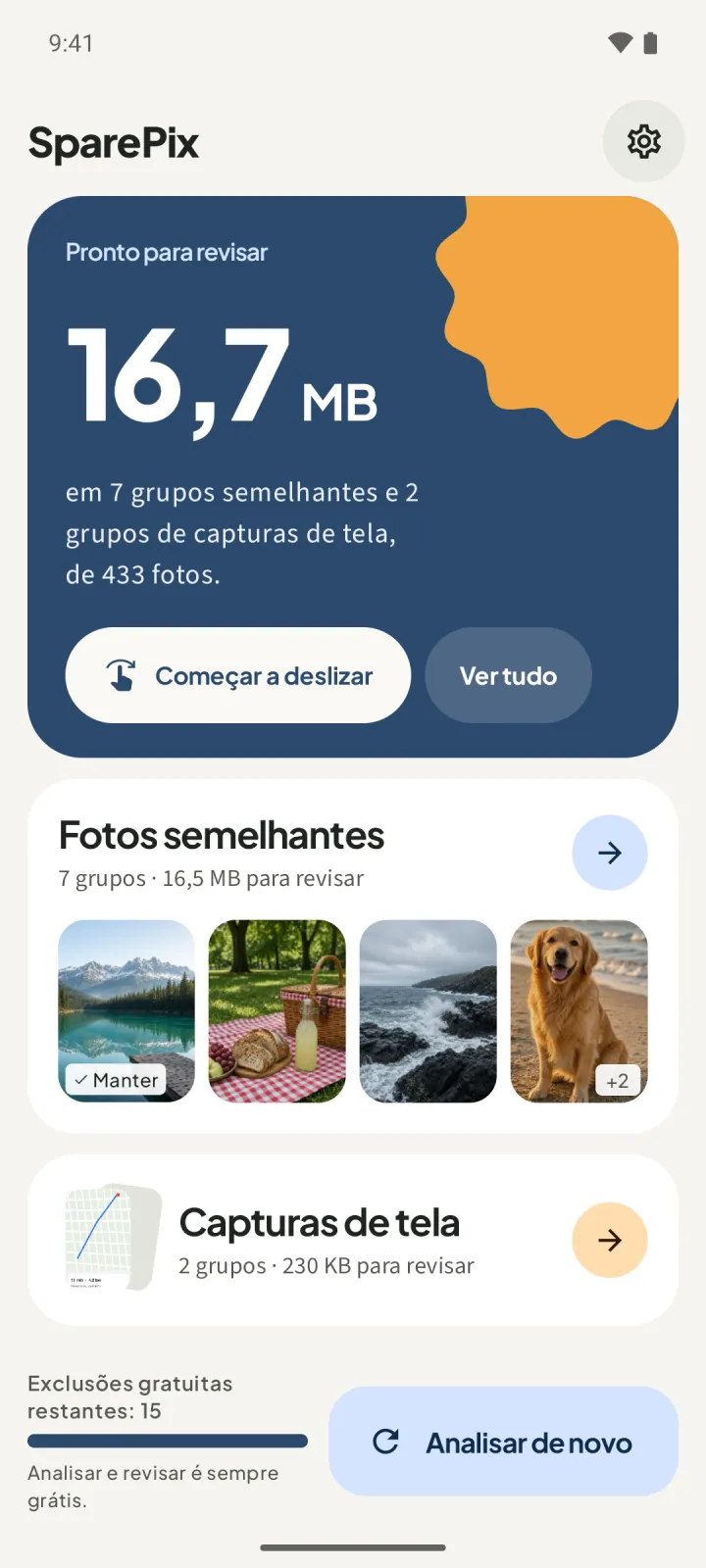 Tela inicial do SparePix depois de uma análise, com o cartão Pronto para revisar 16,7 MB em 7 grupos semelhantes e 2 grupos de capturas de tela, de 433 fotos, os cartões Fotos semelhantes e Capturas de tela, os botões Começar a deslizar e Ver tudo, a linha Exclusões gratuitas restantes: 15 e o botão Analisar de novo