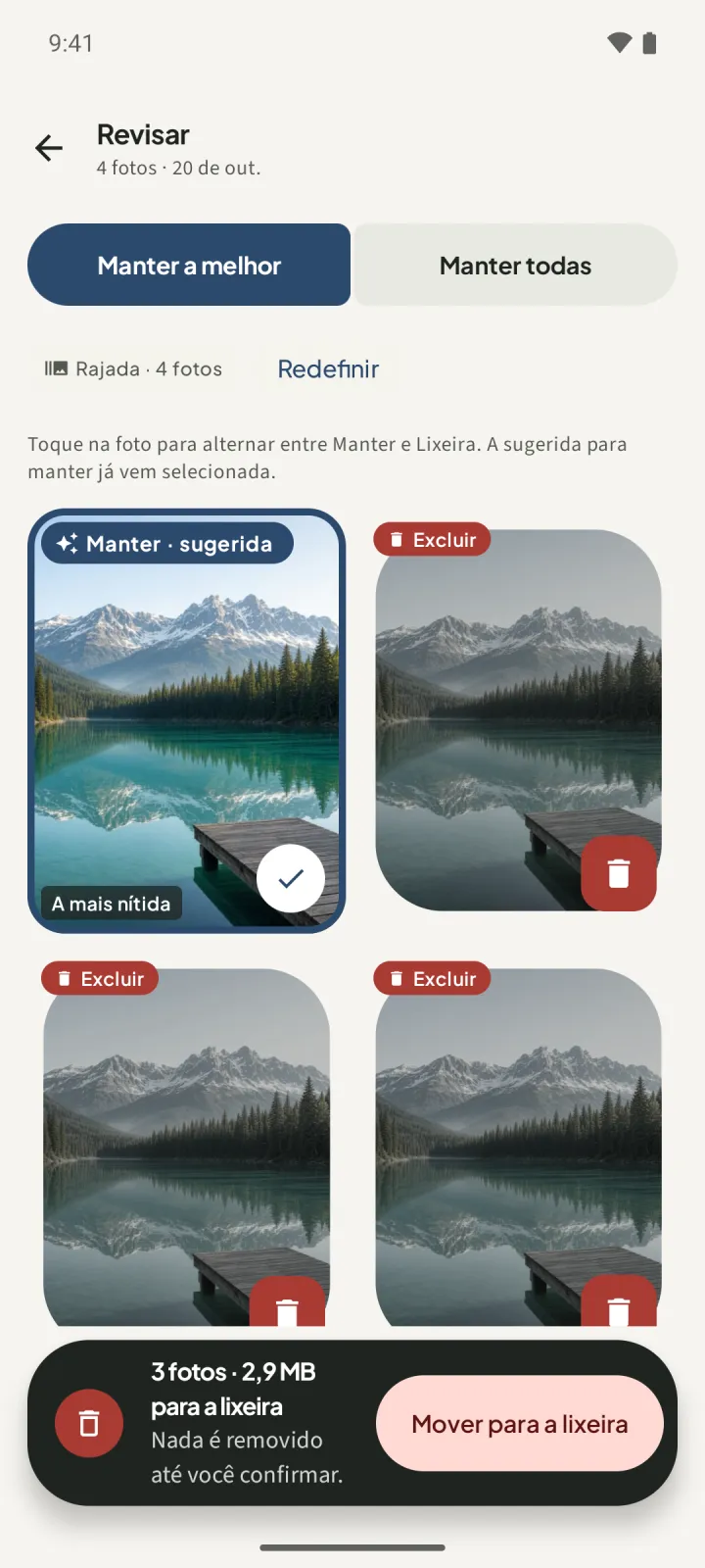 Tela Revisar do SparePix com uma rajada de 4 fotos de 20 de out., os botões Manter a melhor e Manter todas no topo, a primeira foto marcada como Manter · sugerida e A mais nítida, as outras três marcadas como Excluir, e uma barra inferior com 3 fotos · 2,9 MB para a lixeira, a frase Nada é removido até você confirmar e o botão Mover para a lixeira