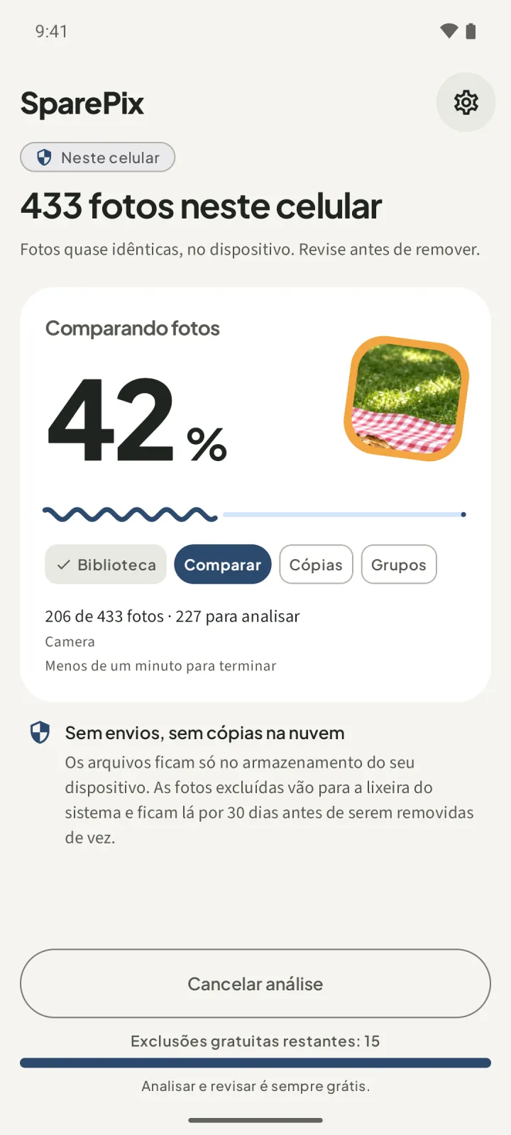 SparePix analisando 433 fotos neste celular, com Comparando fotos em 42 % e o aviso Sem envios, sem cópias na nuvem