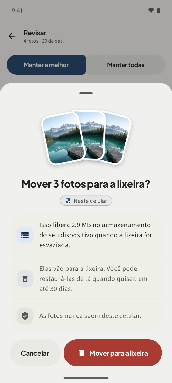 Confirmação do SparePix com o título Mover 3 fotos para a lixeira?, a linha Isso libera 2,9 MB, o aviso Elas vão para a lixeira. Você pode restaurá-las de lá quando quiser, em até 30 dias., a frase As fotos nunca saem deste celular. e os botões Cancelar e Mover para a lixeira