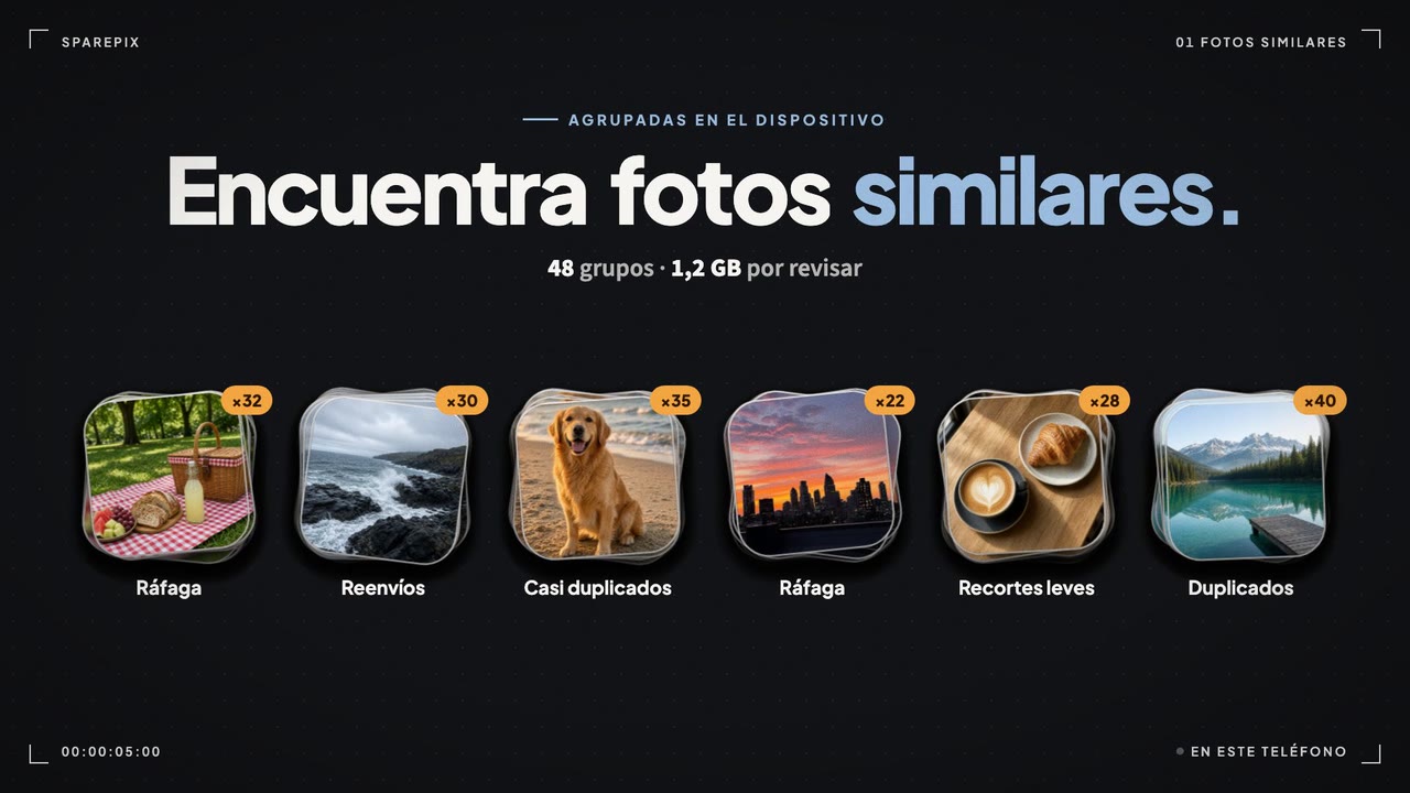 Imagen del video de SparePix: Encuentra fotos similares, 48 grupos y 1,2 GB por revisar, con grupos de ráfagas, casi duplicados y duplicados