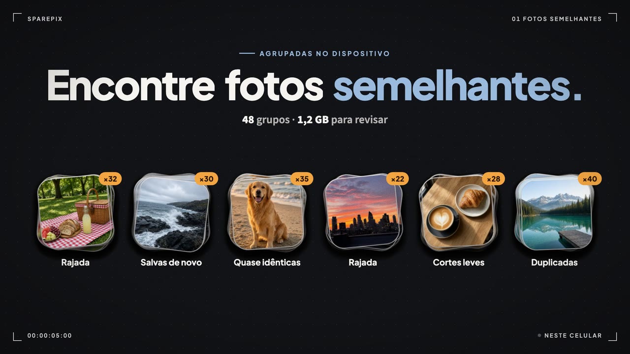 Imagem do vídeo do SparePix: Encontre fotos semelhantes, 48 grupos e 1,2 GB para revisar, com grupos de rajadas, fotos quase idênticas e duplicadas