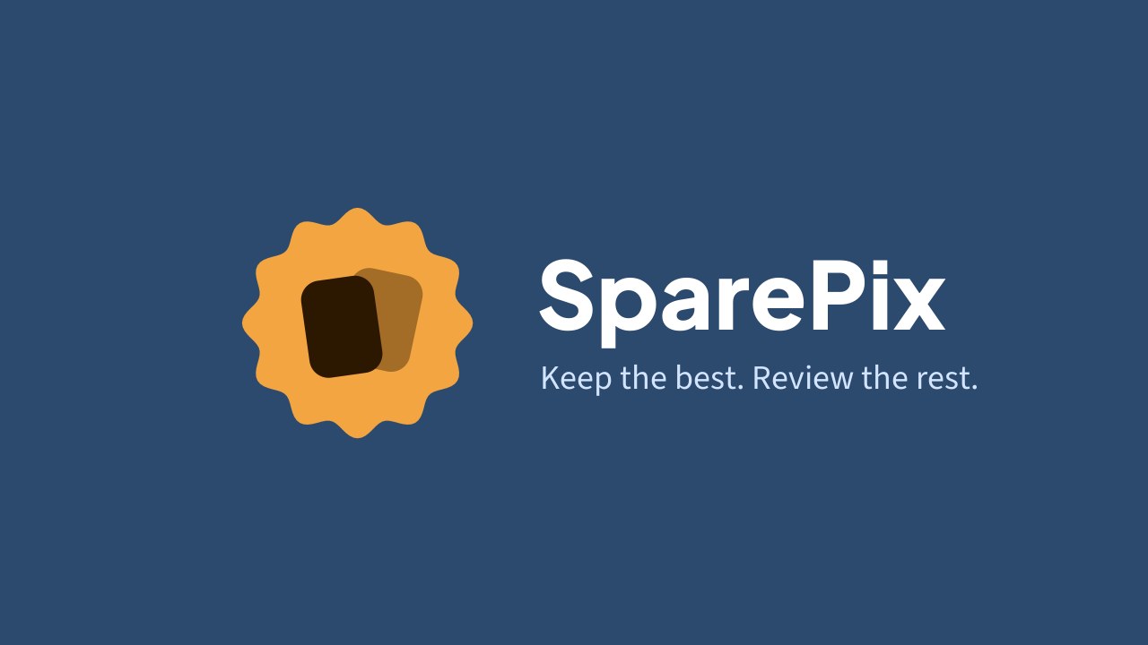 SparePix feature graphic: an orange badge with two overlapping photo cards, the name SparePix, and the line Keep the best. Review the rest.