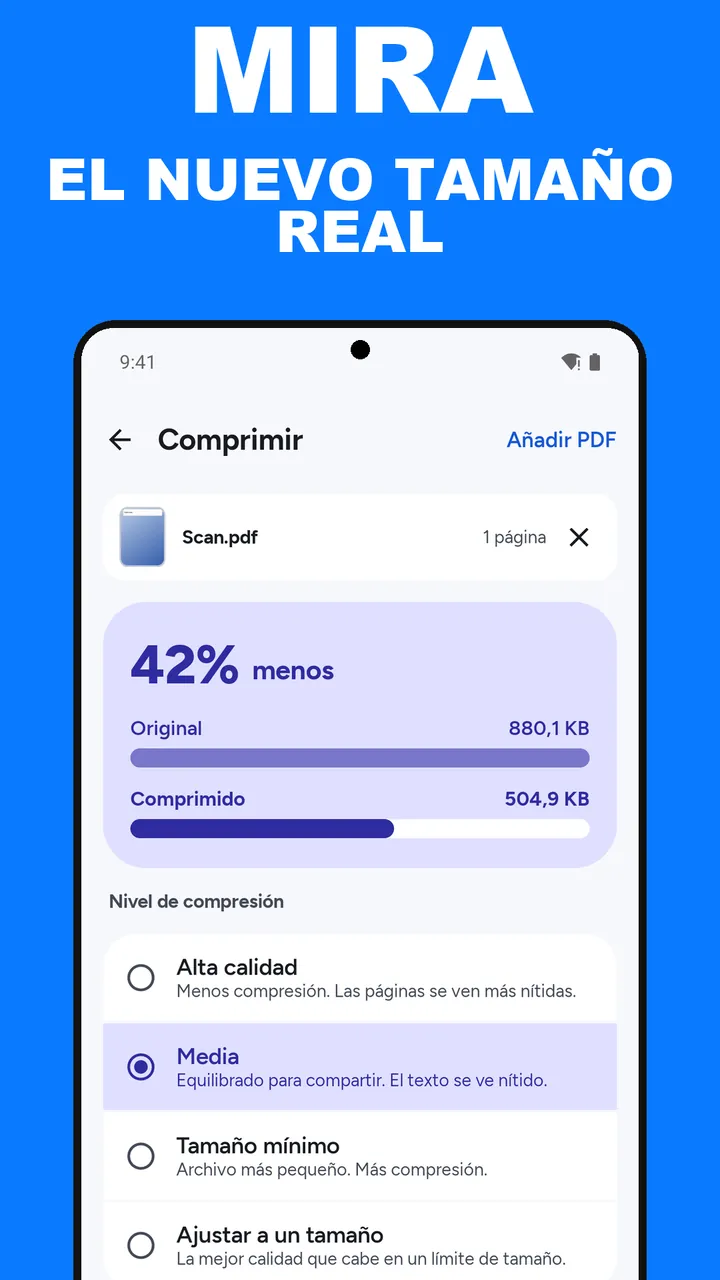 Resultado de Comprimir en ViaPDF con 42% menos, de 880,1 KB a 504,9 KB, con los botones Guardar y Compartir