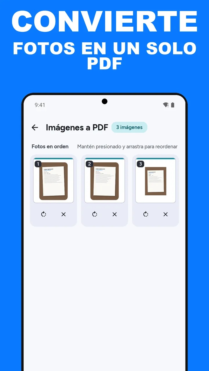 ViaPDF Imágenes a PDF con tres fotos de un contrato de alquiler en Fotos en orden, cada una con un botón de girar y uno de quitar, y un botón Crear PDF
