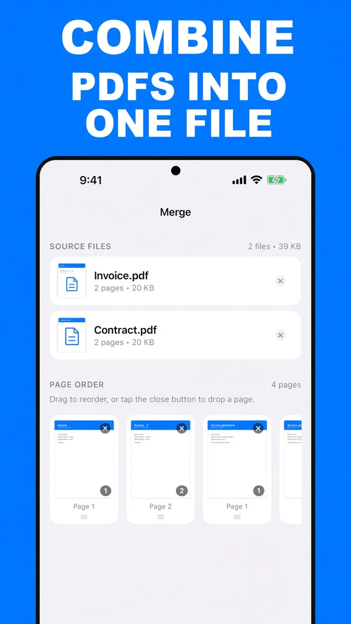 ViaPDF Merge screen combining Invoice.pdf and Contract.pdf, with a page-order strip