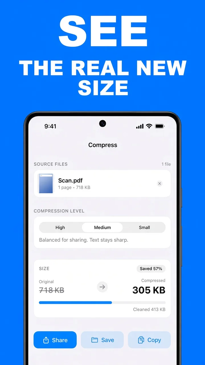 ViaPDF Compress screen showing Scan.pdf reduced from 718 KB to 305 KB at Medium, saved 57%
