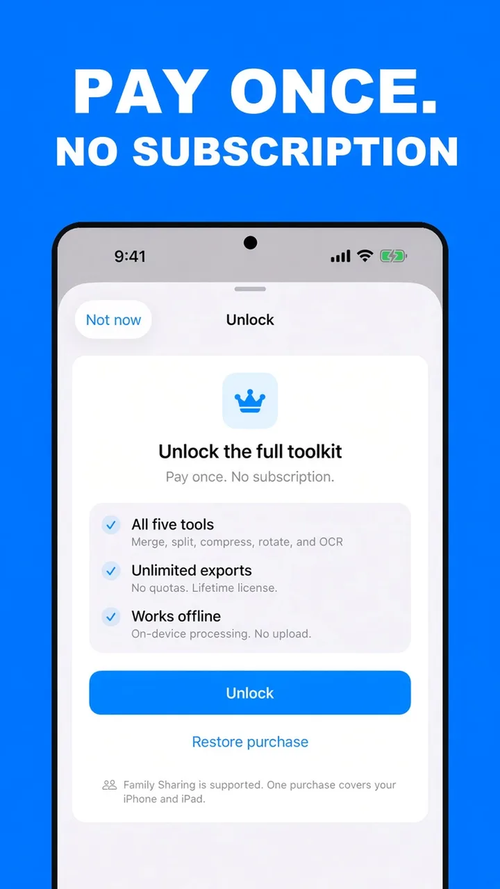 ViaPDF unlock sheet: pay once, no subscription, unlimited exports, works offline