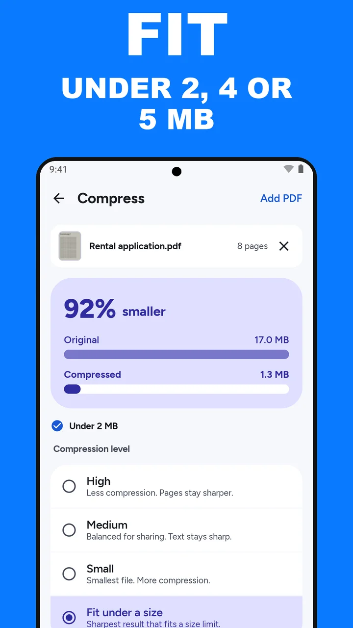 ViaPDF Compress with Fit under a size: Rental application.pdf goes from 17.0 MB to 1.3 MB, 92% smaller, with a check mark and Under 2 MB