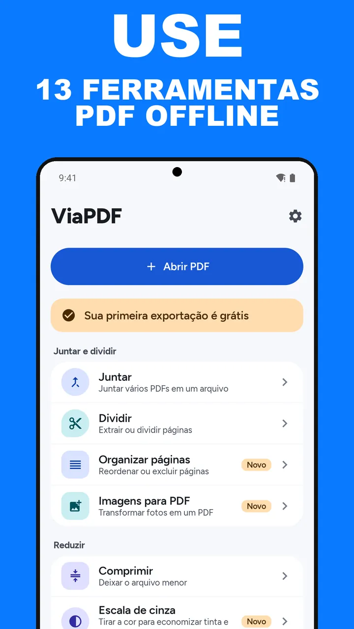 Tela inicial do ViaPDF com um botão Abrir PDF e as ferramentas em quatro grupos, sob o título Treze ferramentas PDF offline
