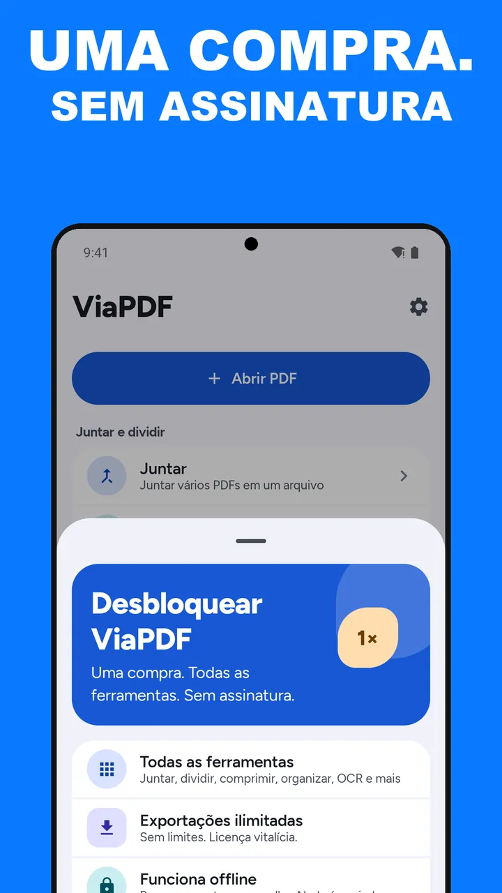 Tela Desbloquear ViaPDF: pague uma vez, sem assinatura, as treze ferramentas