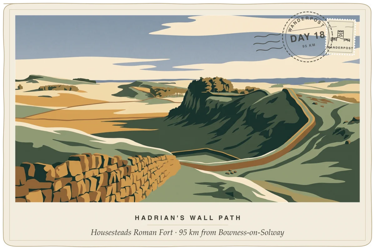 Vintage-style illustrated postcard of Hadrian's Wall at Housesteads Roman Fort